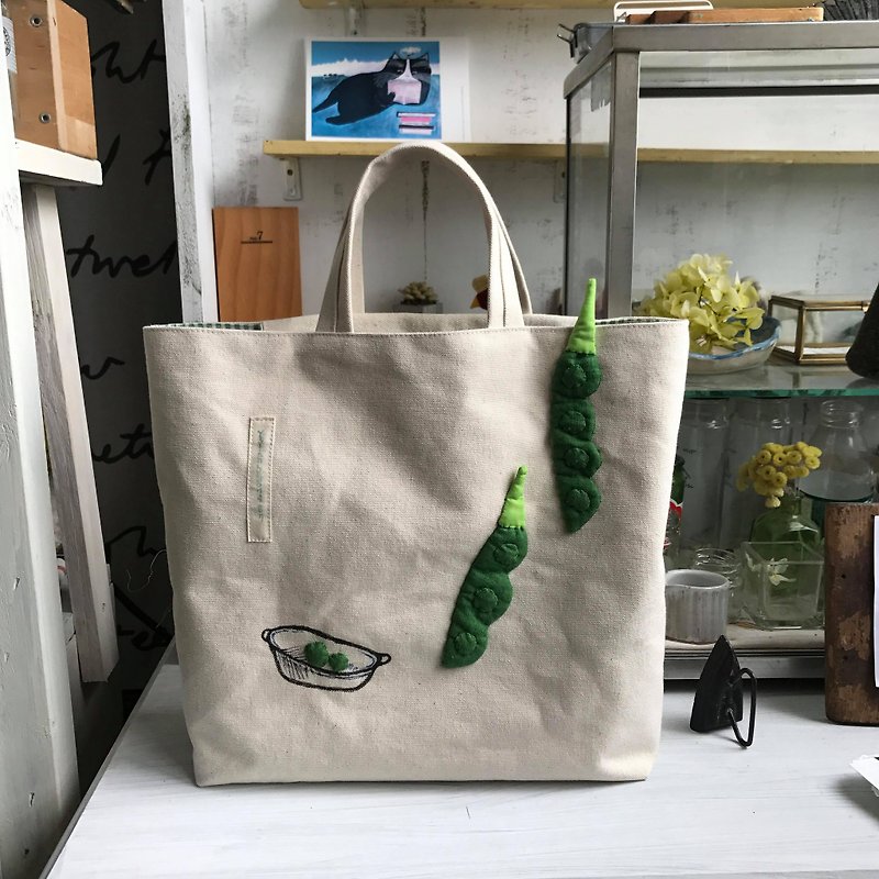 双条绿豌豆手提袋/米白底 - 手提包/手提袋 - 棉．麻 绿色