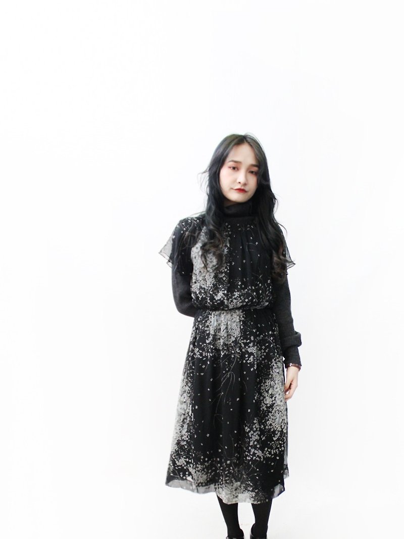 Vintage Dress日本制复古典雅黑色枝叶印花短袖古着洋装 - 洋装/连衣裙 - 聚酯纤维 黑色