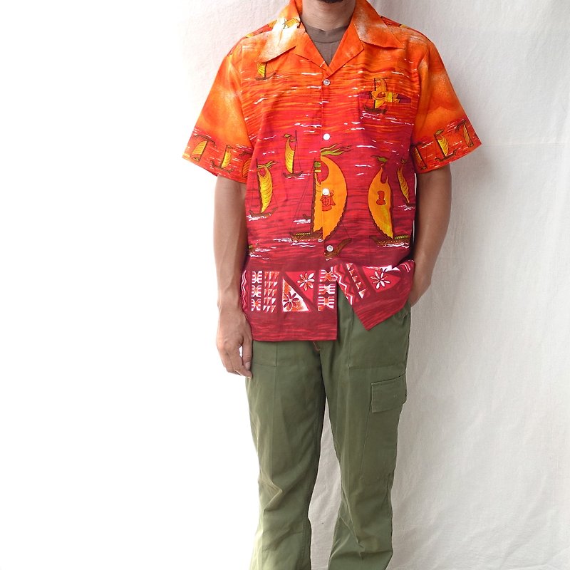 BajuTua /古着/ 70's 美国制 火红风帆Aloha夏威夷衬衫 - 男装衬衫 - 棉．麻 红色