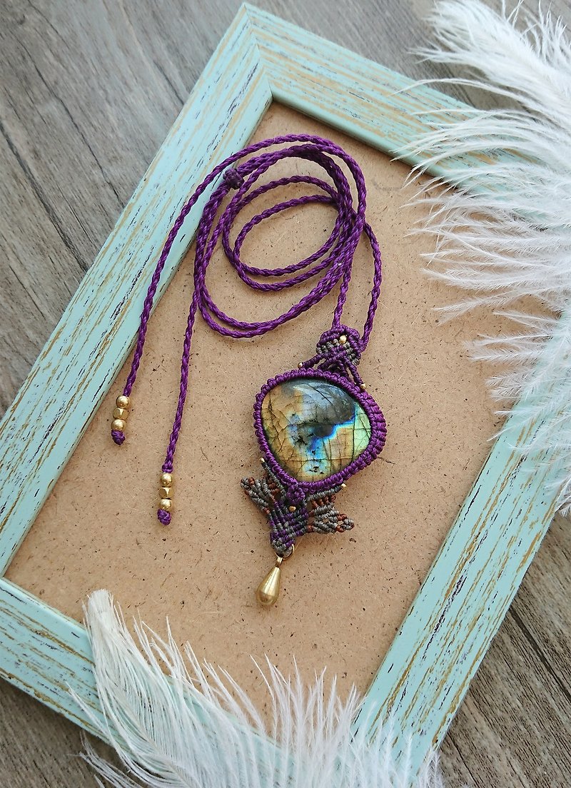 P31 波希米亚风民族风南美蜡线编织拉长石项链长项链 (可调长度) - 项链 - 其他材质 紫色