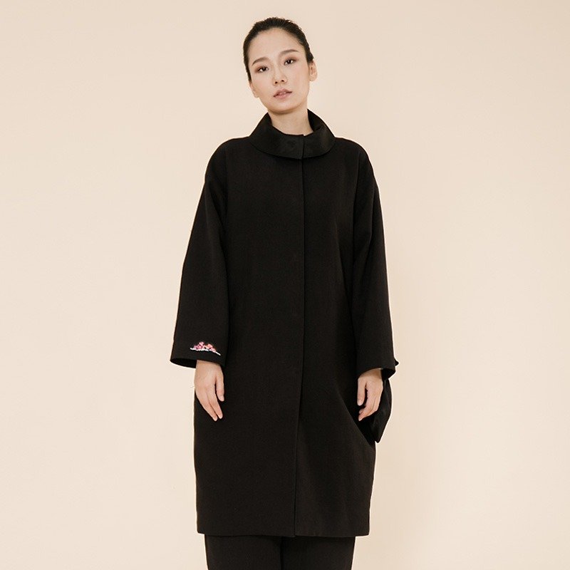 秋冬中式黑色大衣外套桑蠶絲領子 配錦囊 男生可穿 O170612 - 女装休闲/机能外套 - 棉．麻 黑色