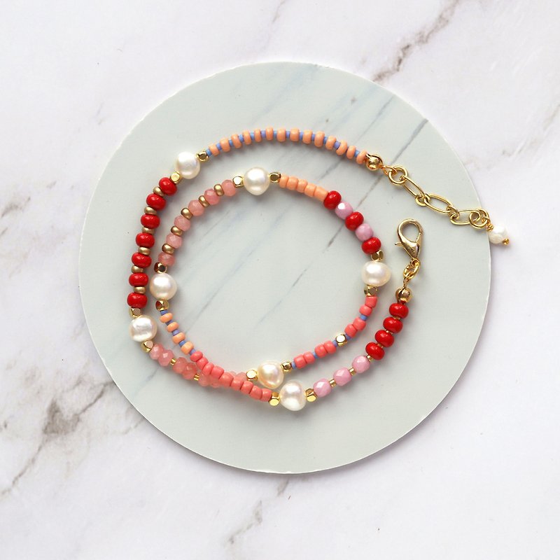 Freshwater Pearl + Beaded Choker / Necklace / Double Bracelet - Red & Pink - 手链/手环 - 24k 金 红色