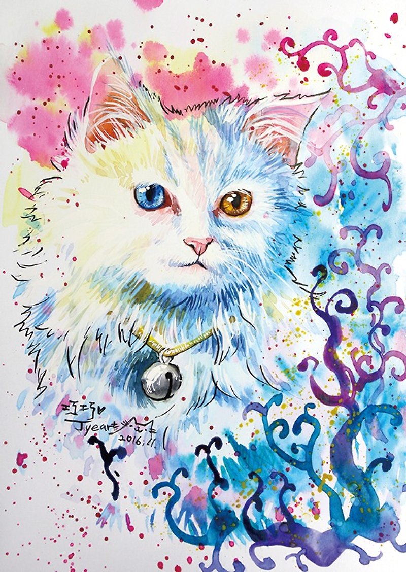 [喵信片] 水彩手绘猫 - 巧巧 异色瞳 长毛白猫 (单张购买区) - 卡片/明信片 - 纸 多色