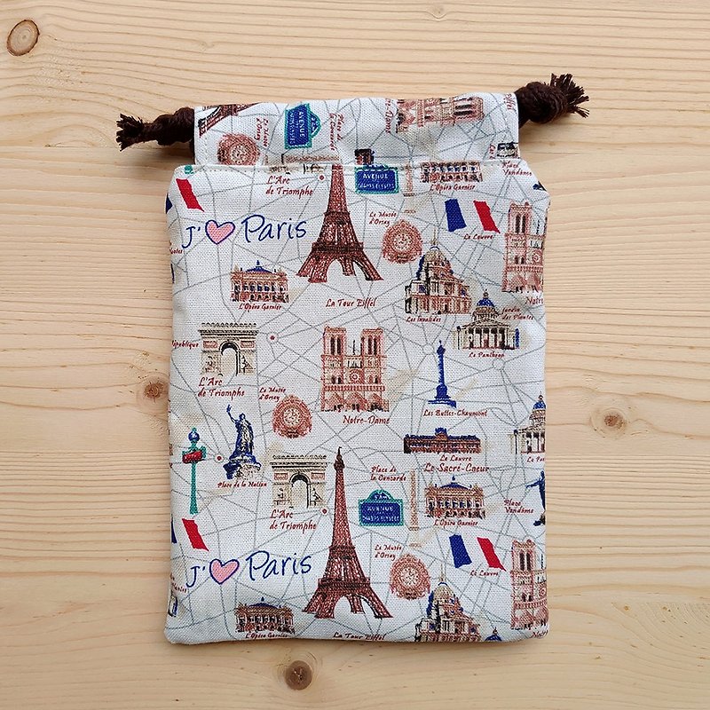 我爱巴黎束口袋(中) - 化妆包/杂物包 - 棉．麻 卡其色