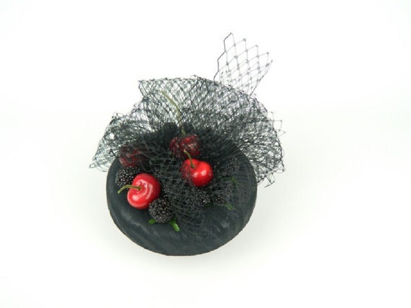 SALE Headpiece Pillbox Fascinator Hat Veiled Black Flower with Cherries - 帽子 - 其他材质 黑色