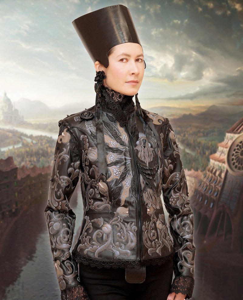 Gothic aristocratic genuine leather jacket, handmade jacket with lace. - 女装休闲/机能外套 - 真皮 灰色