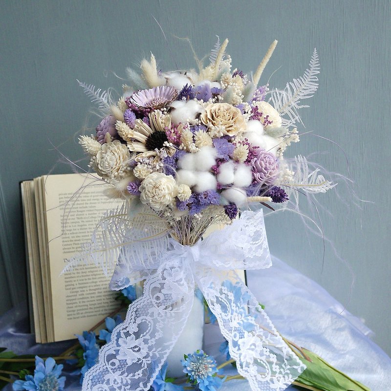 婚礼典藏-浅紫白星辰 干燥花新娘捧花 (含捧花盒) - 干燥花/捧花 - 植物．花 紫色