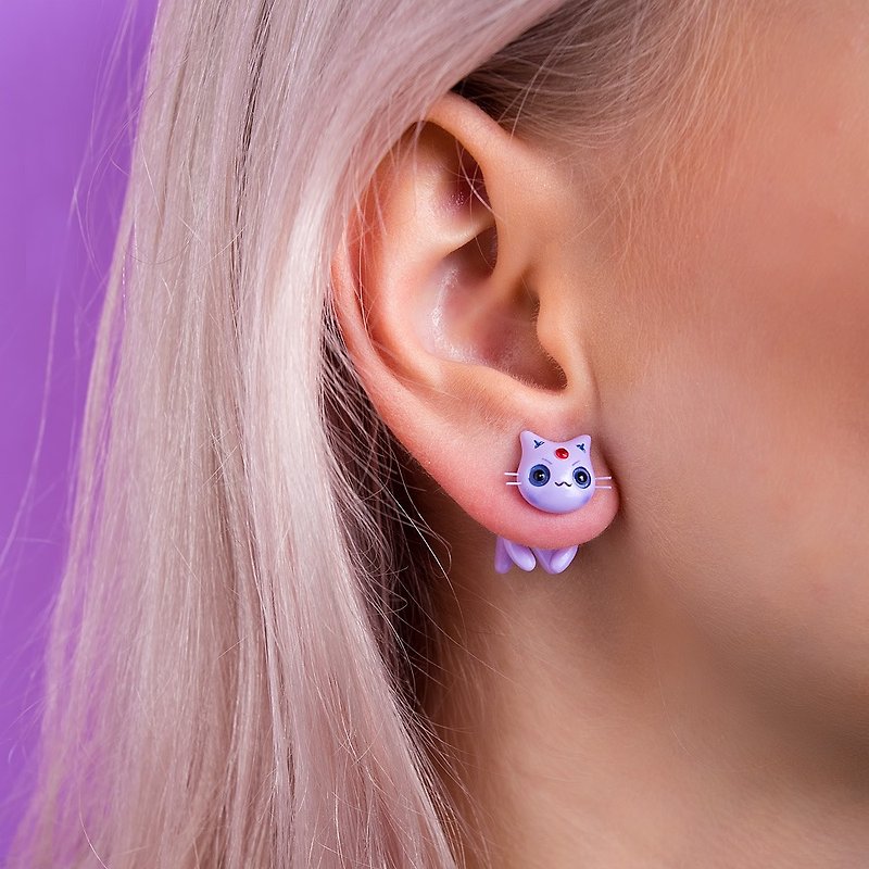 Purple Cat Earrings - Kawaii Cat Earrings Polymer Clay - 耳环/耳夹 - 粘土 蓝色