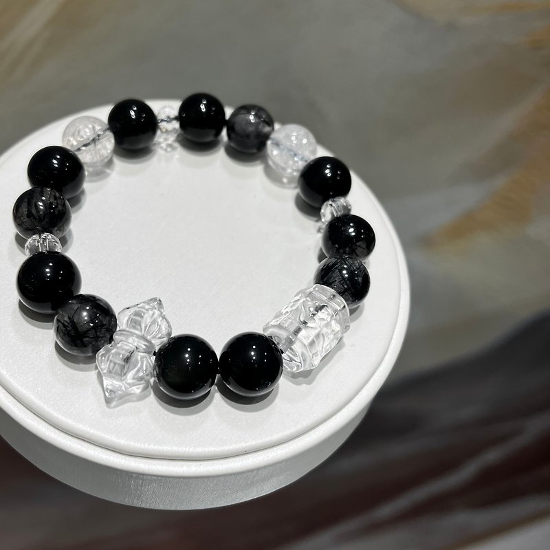 天然水晶护身符黑曜石黑发晶白水晶设计款手链 - 手链/手环 - 水晶 黑色