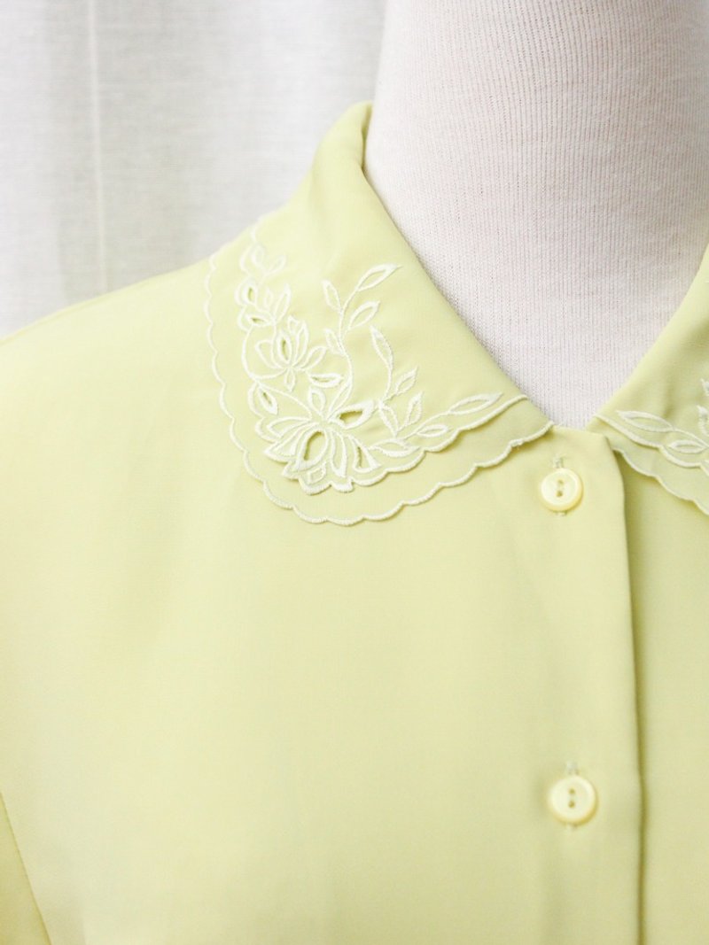 【RE0720T119】日本制清新森林系刺绣翻领黄绿色古着衬衫 - 女装衬衫 - 聚酯纤维 黄色
