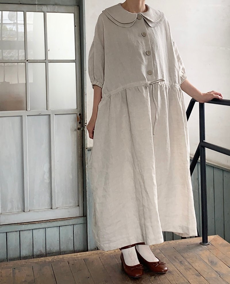 二枚衿のリネンギャザーワンピース　ハンドメイド日本製　ナチュラルリネン - 洋装/连衣裙 - 棉．麻 黑色