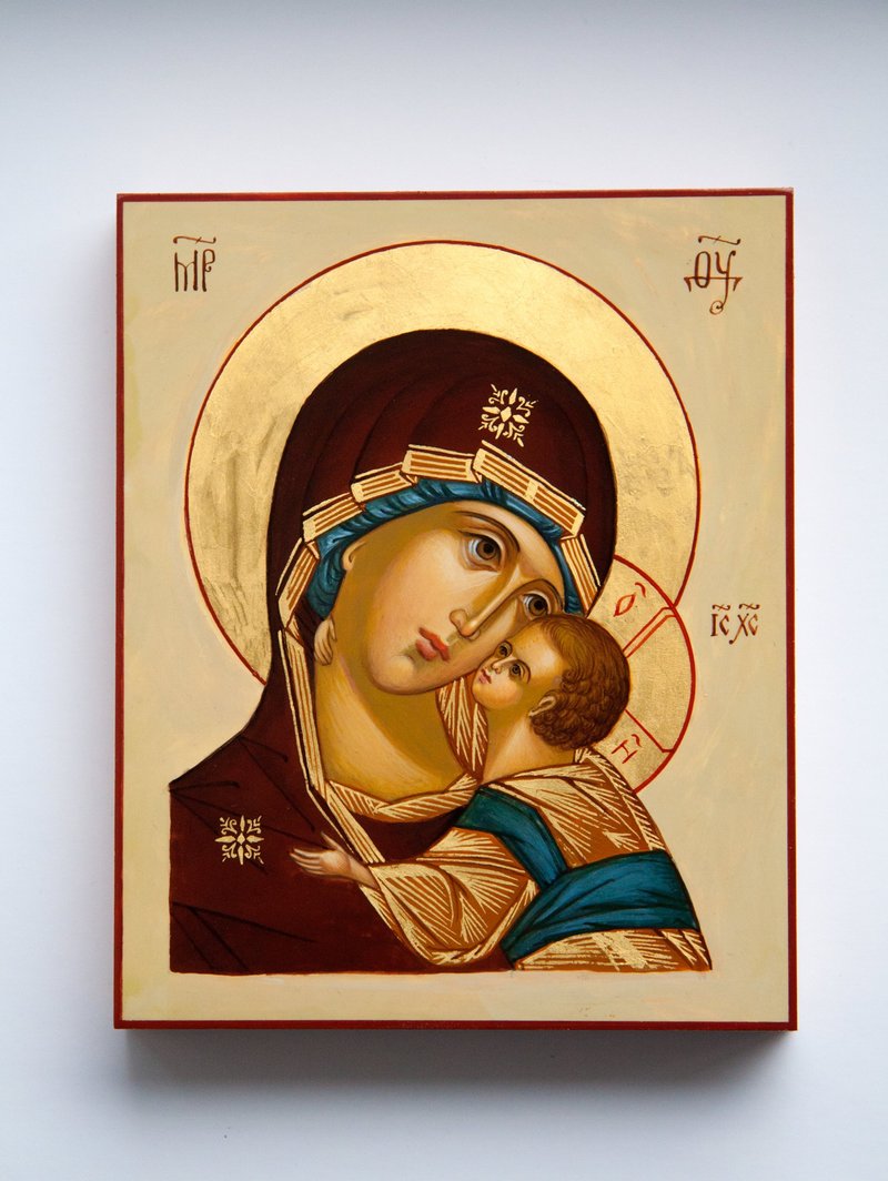 hand painted orthodox christian Virgin Mary icon, miniature religious painting - 其他 - 木头 红色