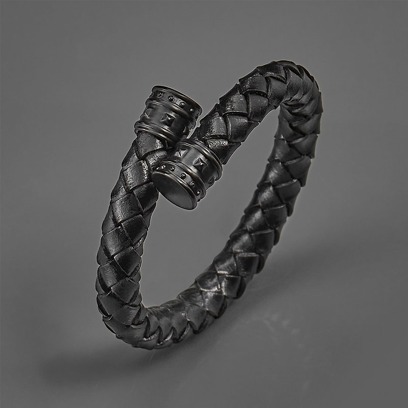 铆钉编织皮绳C型手环 - 手链/手环 - 真皮 黑色