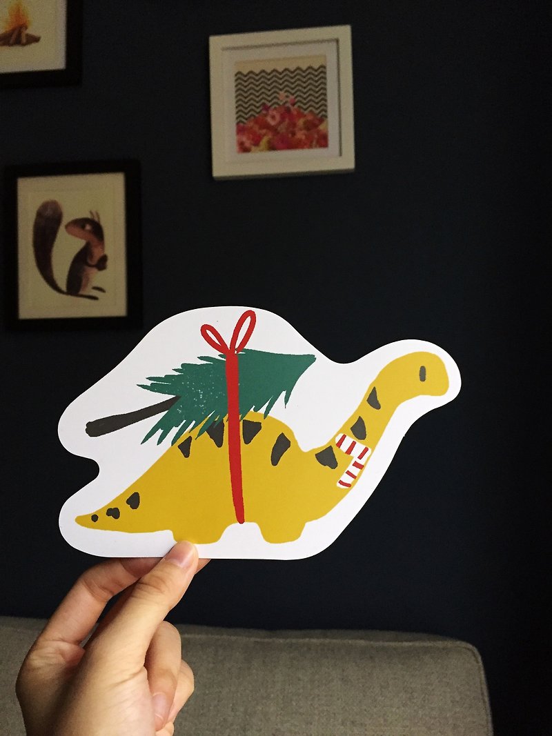 雷龙卡片 圣诞卡片 明信片 搬一颗圣诞树回家的小恐龙 - 卡片/明信片 - 纸 黄色
