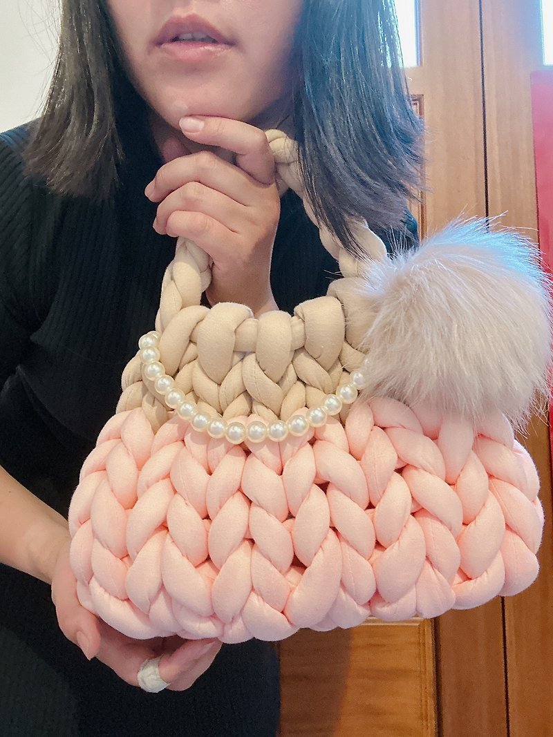 毕业礼物-可爱优雅冰岛包/ 编织包/ 珍珠链/ 双色 - 手提包/手提袋 - 棉．麻 粉红色