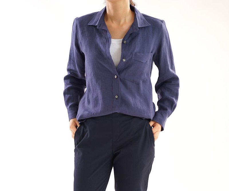 Linen authentic premium shirt / Navy t032b-neb1 - 洋装/连衣裙 - 棉．麻 蓝色