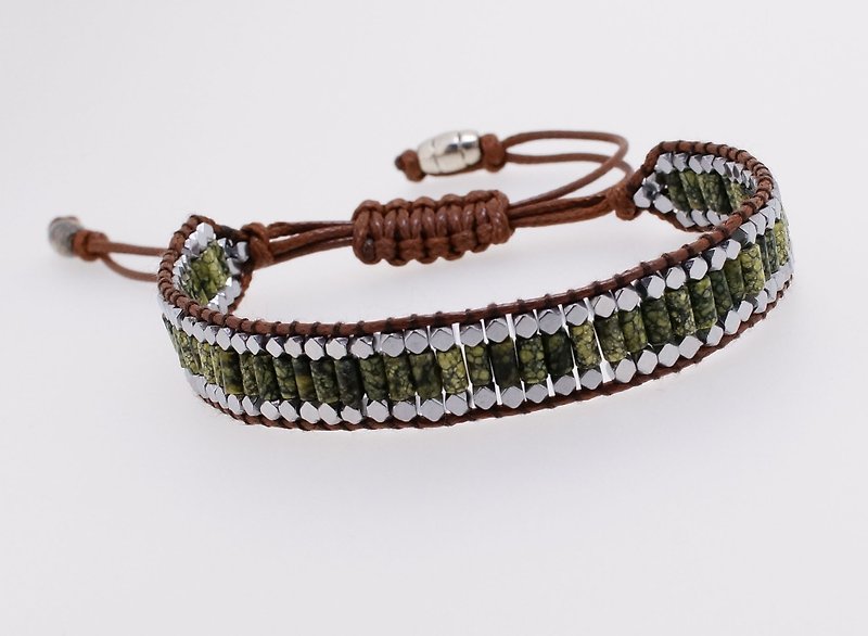 手织小柱管绿雪花黑胆石拉绳手錬 ( Handmade Gems Bracelet ) - 手链/手环 - 宝石 绿色