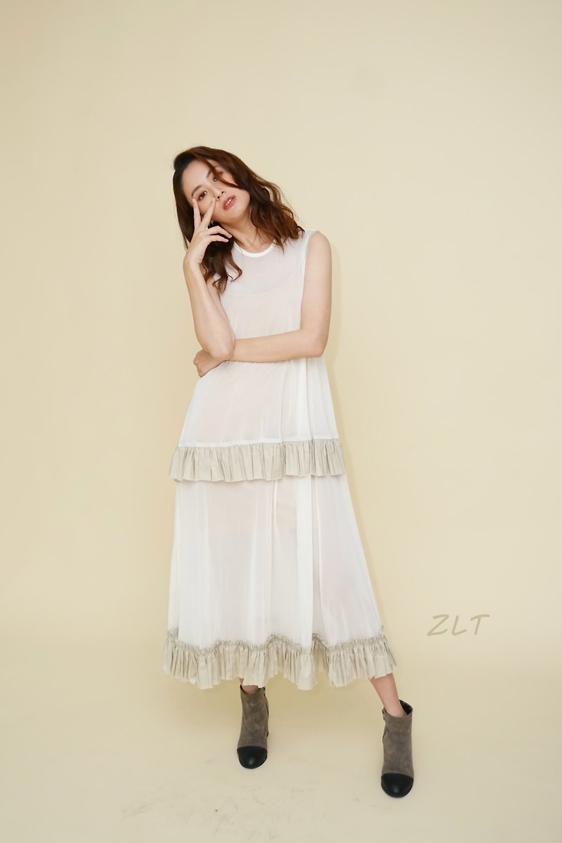 米色纱荷叶长洋装 - 洋装/连衣裙 - 聚酯纤维 白色