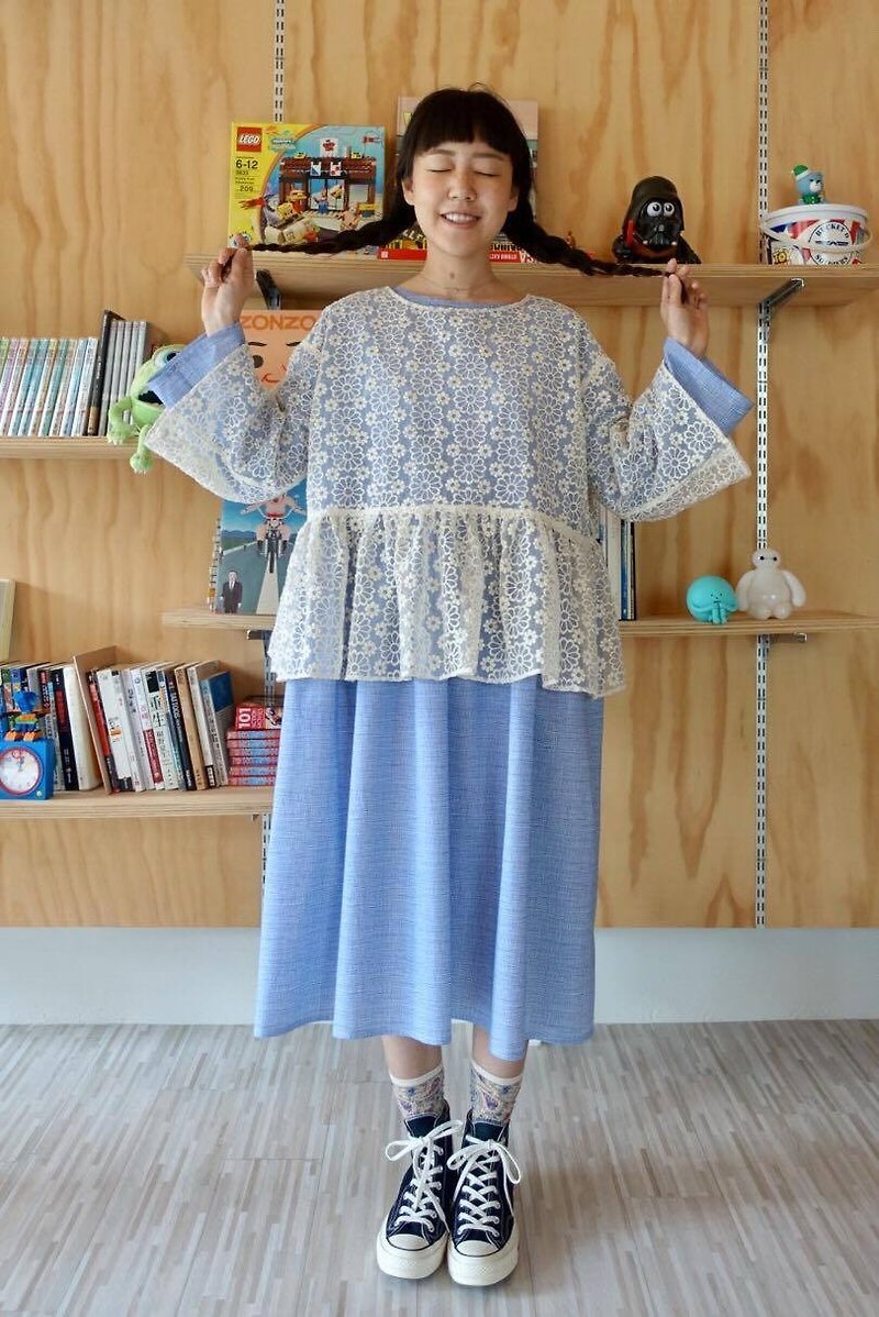 两件式蕾丝洋装 - 洋装/连衣裙 - 棉．麻 蓝色