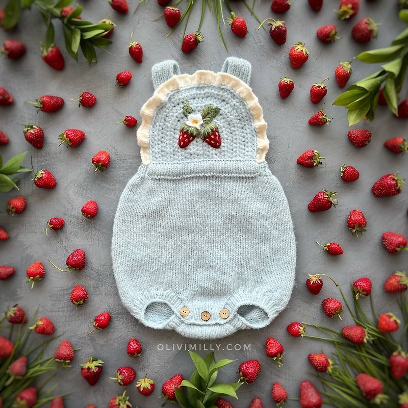 Strawberries romper, hand knitting baby romper, organic, alpaca, knitting - 包屁衣/连体衣 - 羊毛 蓝色
