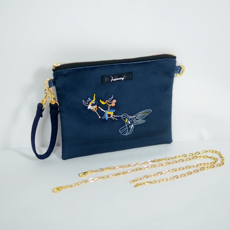 humming- 隐形蜂鸟 Embroidery Bag〈两用刺绣链包〉-蓝宝石 - 侧背包/斜挎包 - 聚酯纤维 蓝色