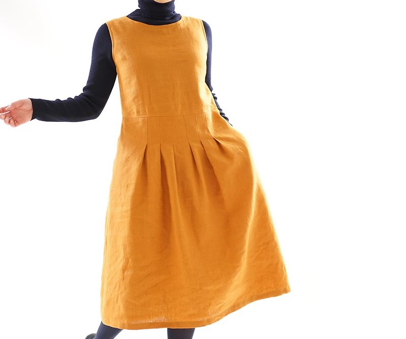 Warm linen lined interior sleeveless stitch tack dress/ M a062d-mje3 - 洋装/连衣裙 - 棉．麻 橘色