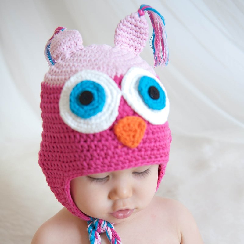 Cutie Bella手工编织帽Owl-Pink/Fuchsia - 婴儿帽/发带 - 棉．麻 粉红色