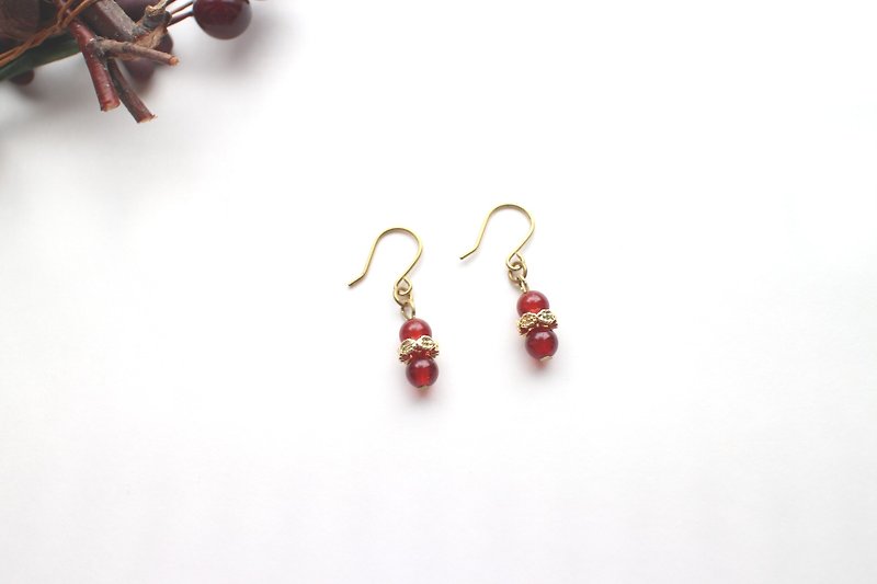 圣红-红玛瑙 黄铜耳环-可改夹 - 耳环/耳夹 - 铜/黄铜 多色