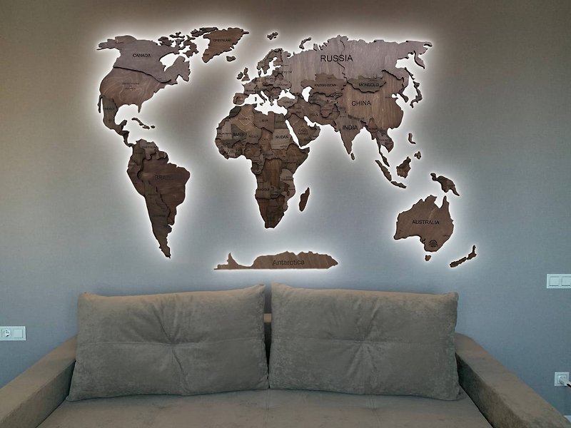 带 LED 的 3D 深色木质世界旅行地图 - 适合家庭和办公室的乡村墙壁装饰 - 墙贴/壁贴 - 木头 咖啡色