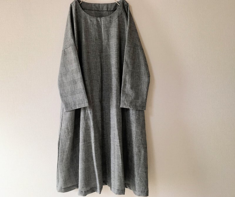 グレンチェック　ゆったりワンピース　綿麻 - 洋装/连衣裙 - 棉．麻 灰色