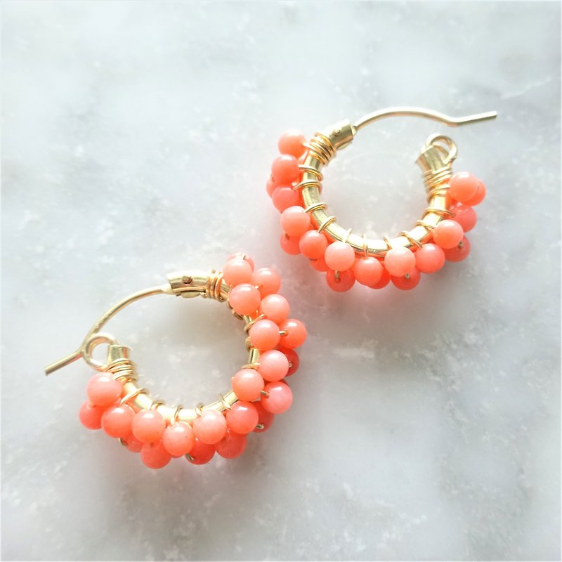 14kgf*Pink Orange Coral pavé pierced earring / earring - 耳环/耳夹 - 宝石 粉红色