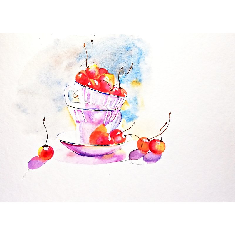 Watercolor Original Fruits Art Cherry Roome Decor Painting Still Life Artwork - 海报/装饰画/版画 - 纸 多色