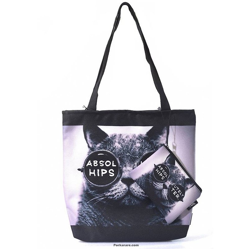 Black crossbody bag with cat print - 手提包/手提袋 - 棉．麻 黑色