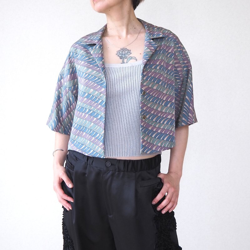 【日本制造】夏季短款上衣、和服升级改造、灰蓝色紫色 - 女装衬衫 - 丝．绢 蓝色