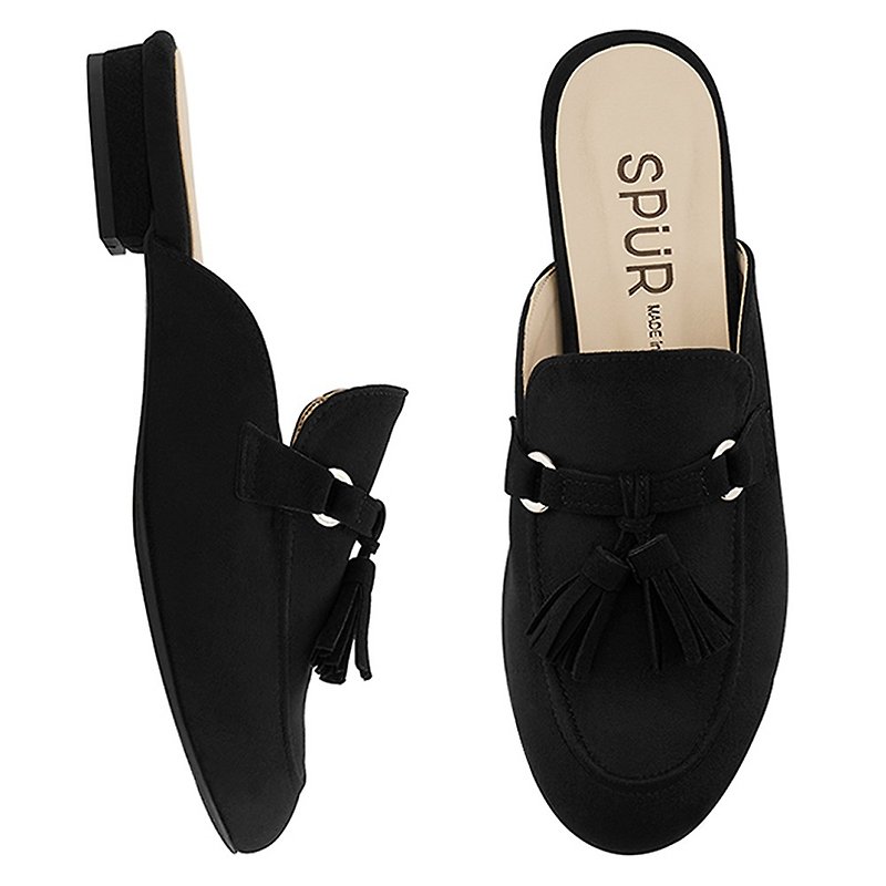 PRE-ORDER - SPUR 皮带扣流苏穆勒鞋 MF7014 BLACK - 男女凉鞋 - 人造皮革 黑色