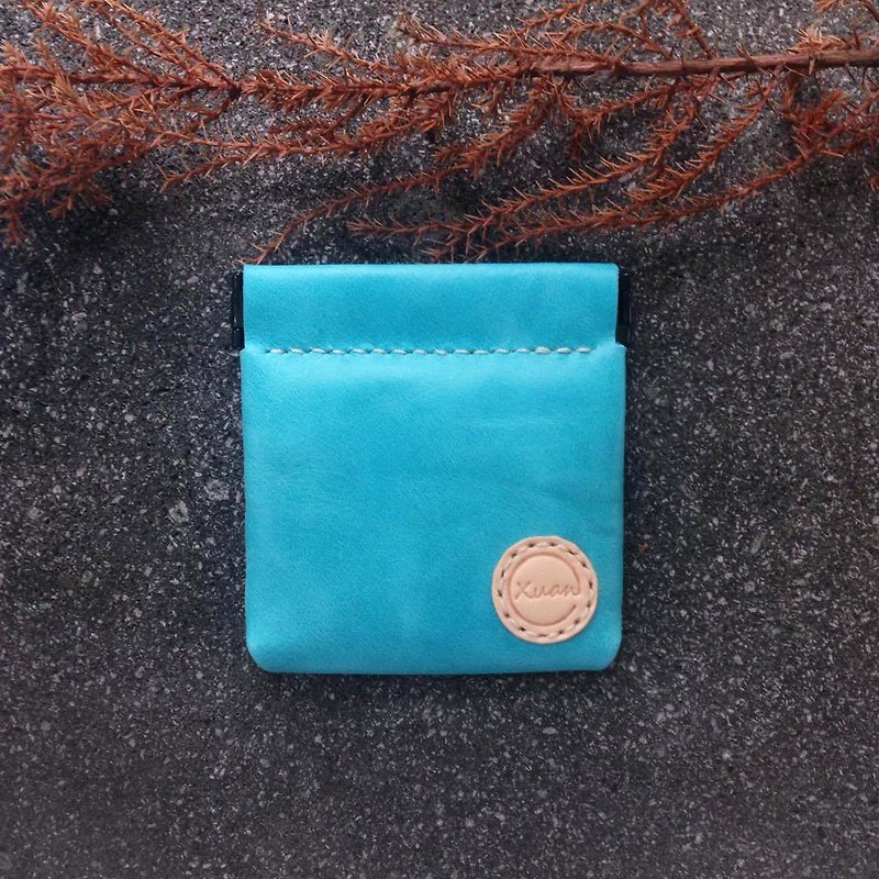 弹片零钱包 方形-波纹水蓝 全手工真皮件钱包 - 零钱包 - 真皮 蓝色