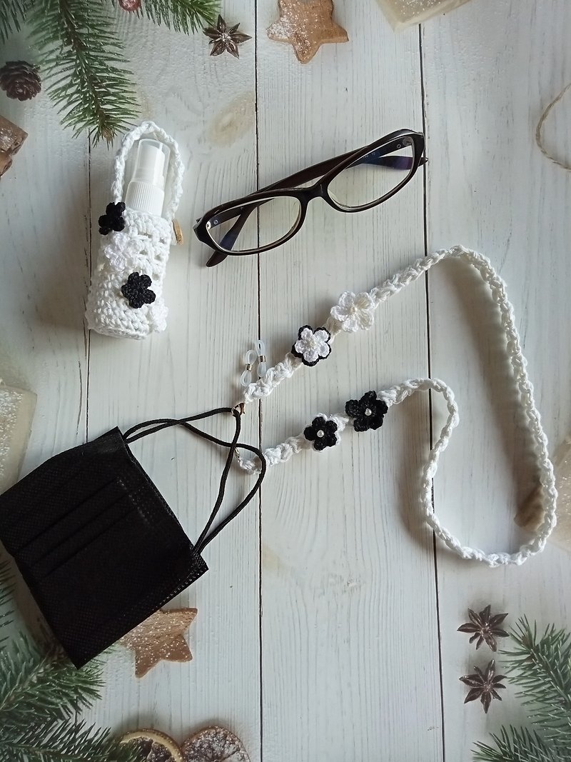 crochet mask holder strap, glasses strap, 2 in 1, with crochet bag - 口罩 - 棉．麻 白色