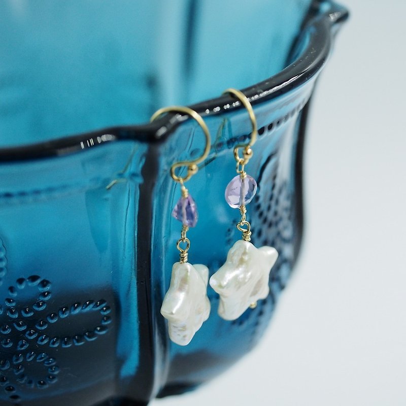 14KGF 天然紫水晶 星型珍珠 墬式耳环 Amethyst Pearl - 耳环/耳夹 - 宝石 白色