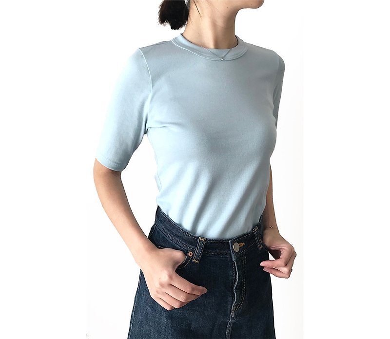 形にこだわった 大人の4分袖無地Tシャツ ライトブルー【サイズ展開有り】 - 女装 T 恤 - 棉．麻 灰色