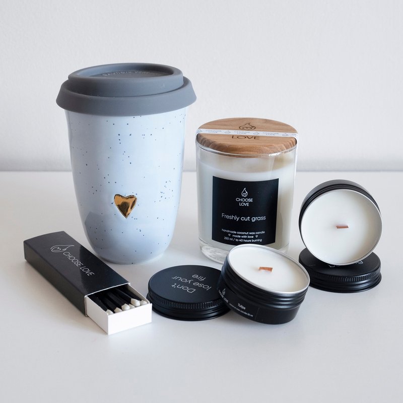 Ceramic travel mugs set, candle gift set, aroma gift set, Mug with lid ceramic - 花瓶/陶器 - 陶 