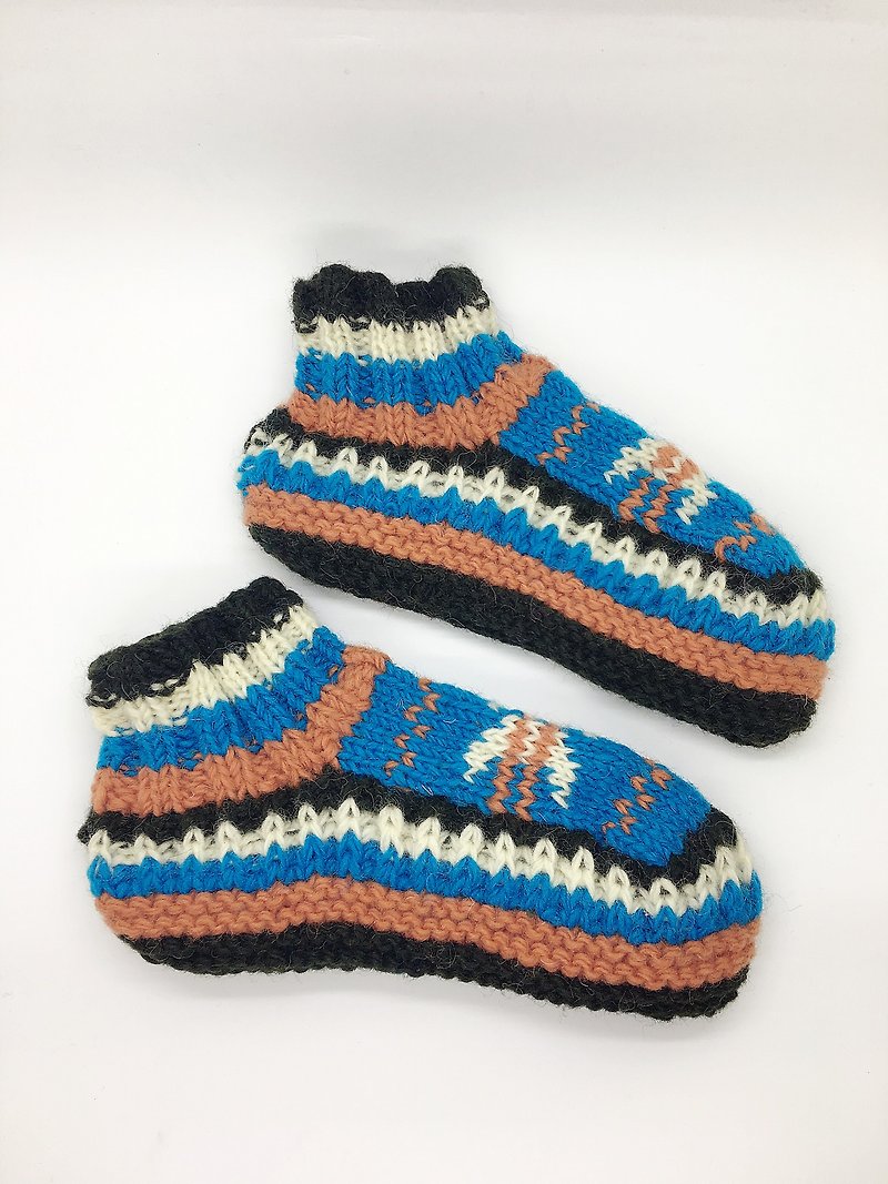 尼泊尔100%wool手工厚针织保暖羊毛袜-蓝橘北欧系列 - 袜子 - 羊毛 蓝色