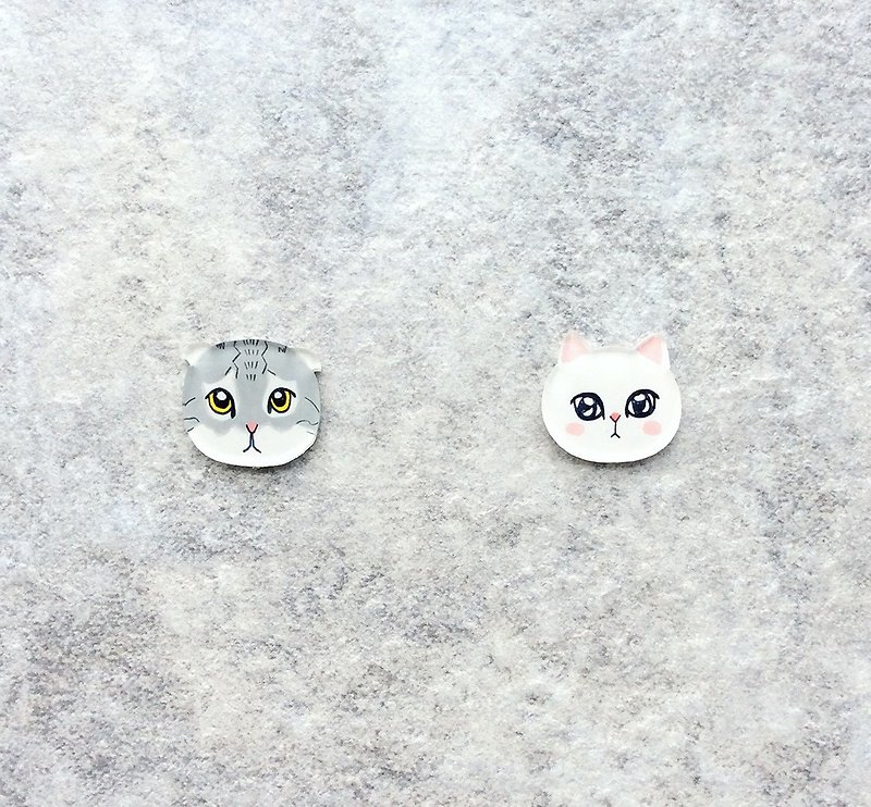 Pista丘手绘耳环 / 动物-折耳猫+白猫 - 耳环/耳夹 - 树脂 灰色