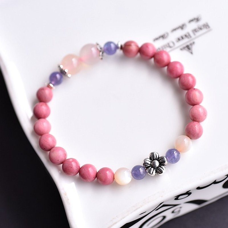 玫瑰石+丹泉石+樱花玛瑙纯银花朵手链 - 手链/手环 - 宝石 粉红色
