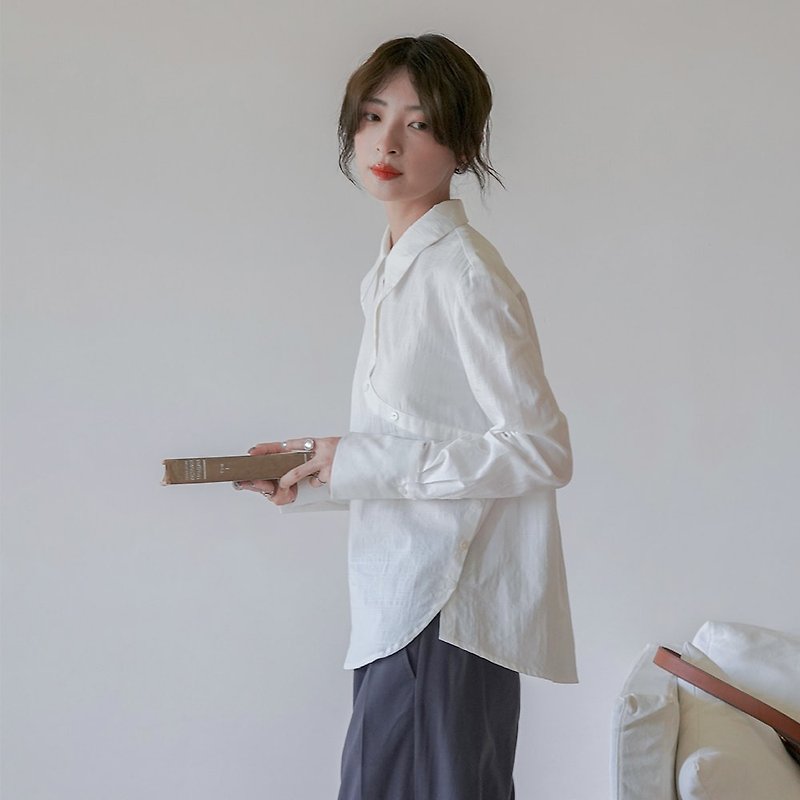中式白色斜襟翻领衬衫|衬衫|夏秋款|Sora-1017 - 女装衬衫 - 棉．麻 白色