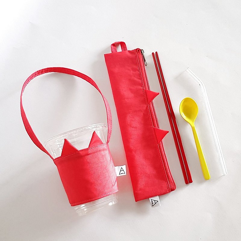 Ariel's wonderland/草莓猫/环保餐具袋+饮料提袋【礼物/送礼】 - 随行杯提袋/水壶袋 - 棉．麻 粉红色