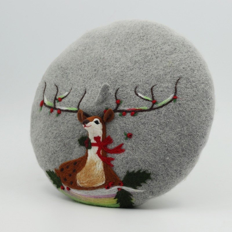 圣诞礼物原创手工羊毛毡贝雷帽画家帽针毡立体鹿—灰色 - 帽子 - 羊毛 灰色