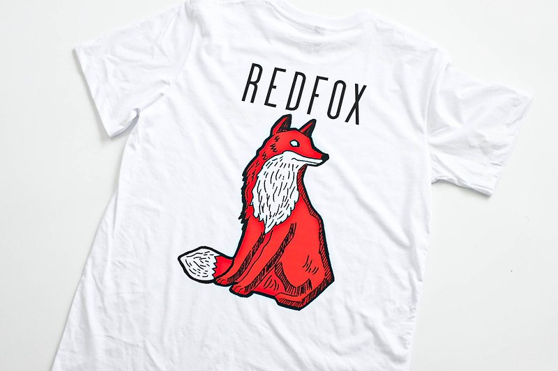 red fox illustration printing short-sleeved unisex cotton t-shirt - 男装上衣/T 恤 - 棉．麻 白色