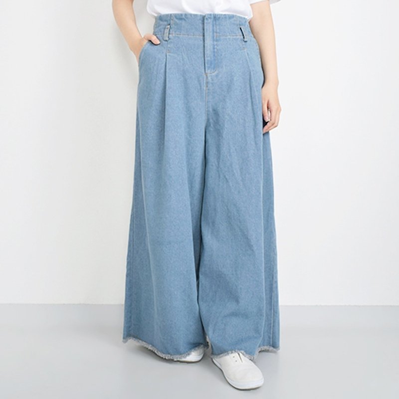 カットオフデザイン デニムワイドパンツ - 女装长裤 - 棉．麻 蓝色