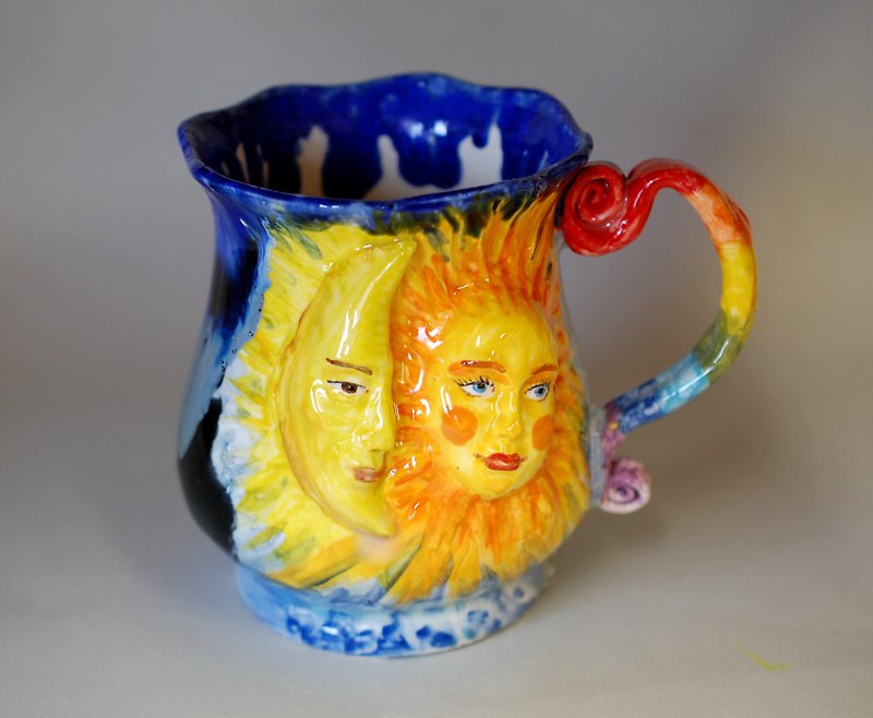 Sun and moon Handmade ceramic mug Sculpture mug Galaxy big mug Blue and yellow - 咖啡杯/马克杯 - 陶 多色