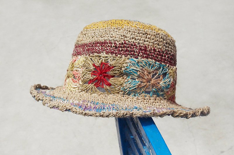 限量一件 手工编织棉麻帽/编织帽/渔夫帽/草帽/遮阳帽/钩织帽 - 玩色 热带森林花朵编织 - 帽子 - 棉．麻 多色